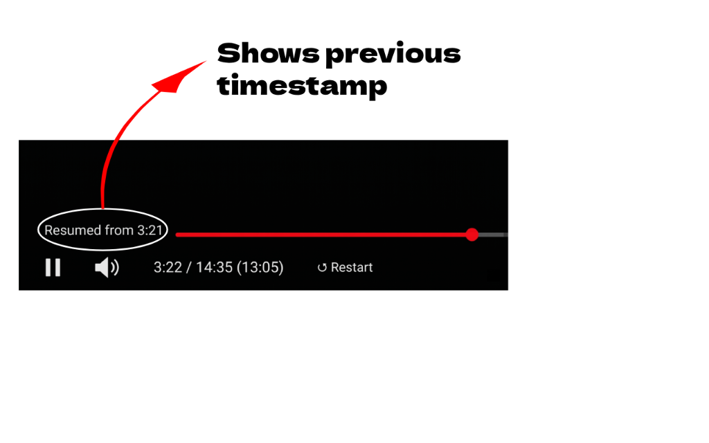 YouTube player showing 'Resumed from 3:21' message overlay
