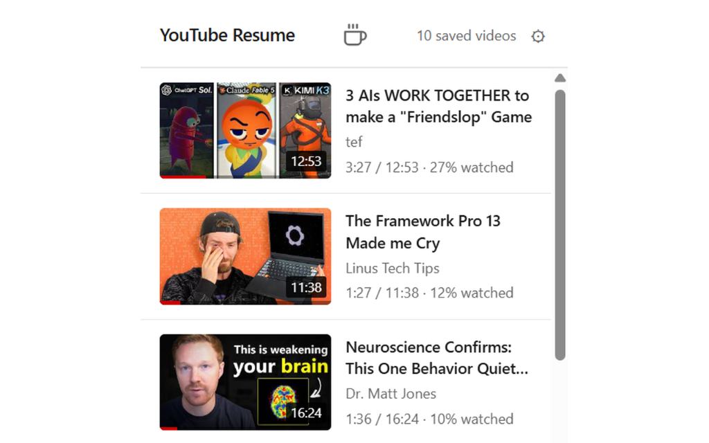 YouTube Resume saved videos panel showing video thumbnails, titles, channel names, and watch progress