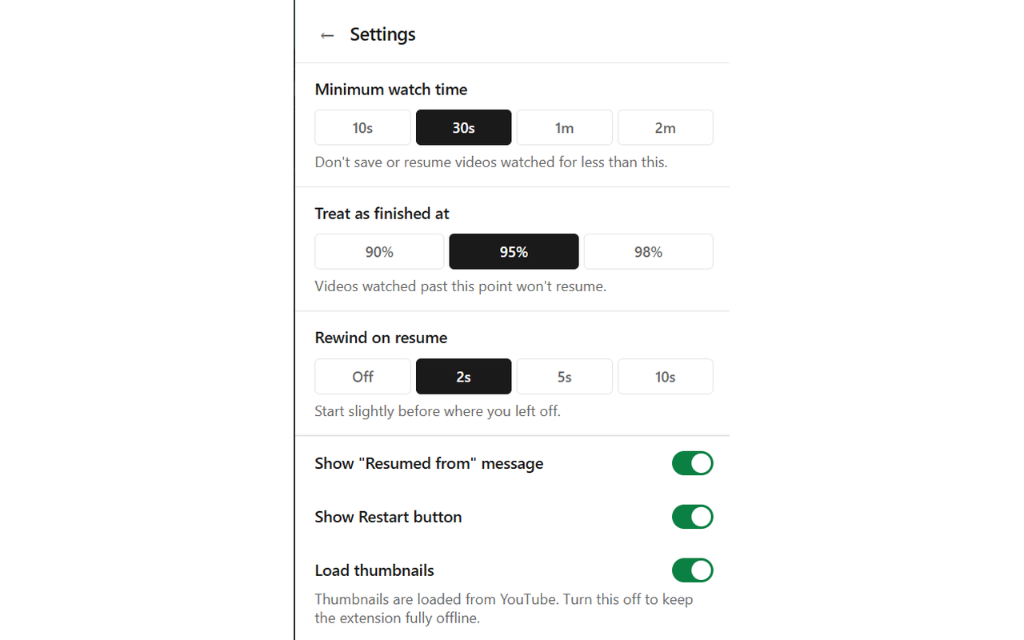 YouTube Resume settings panel with minimum watch time, completion threshold, rewind offset, and toggle controls
